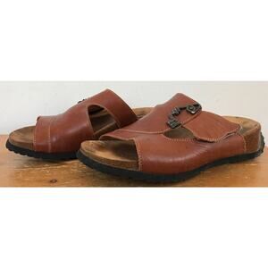 Vtg 90s Think Mizzi Brown Leather Slip On Funky Face Buckle Sandals Shoes 6 36